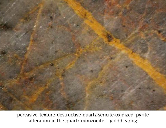pervasive texture destructive quartz-sericite-oxidized pyrite alteration in the quartz monzonite ñ gold bearing